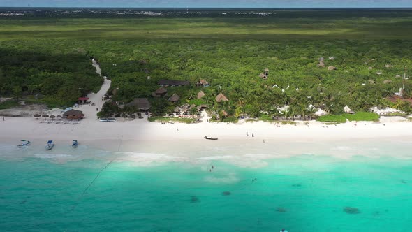 Aerial Panoramic View of a Tropical Beach in Tulum With Exclusive Tourist Resort