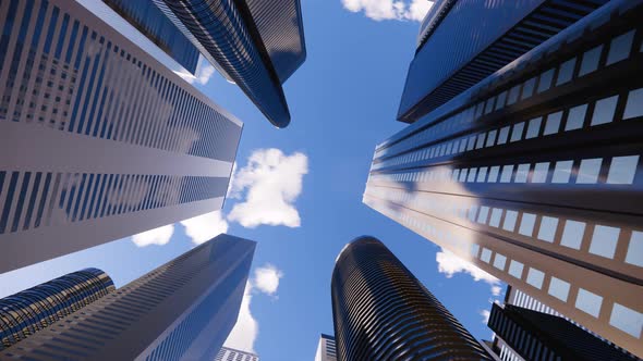 3d render of abstract bright city with skyscrapers. Simple forms of buildings