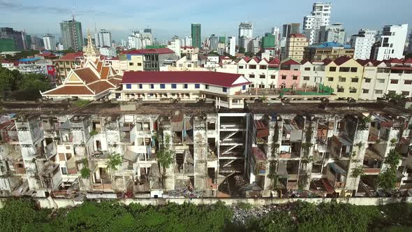 Aerial view of a abandoned building on urban area, Cambodia.