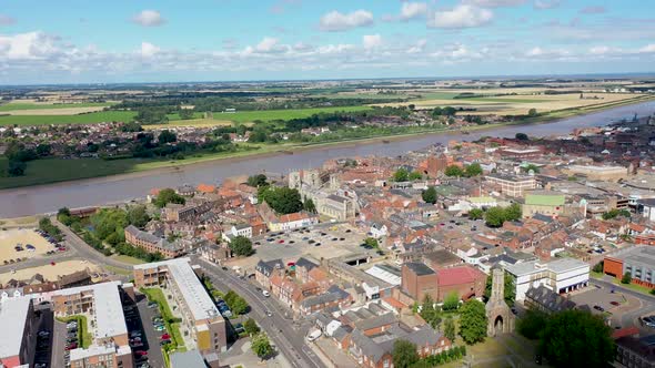 Aerial footage of the beautiful town of King's Lynn a seaport and market town in Norfolk England UK