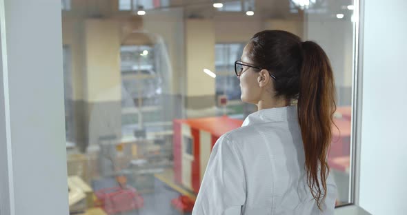 Supervisor Inspecting Manufacturing Plant Standing Behind Glass