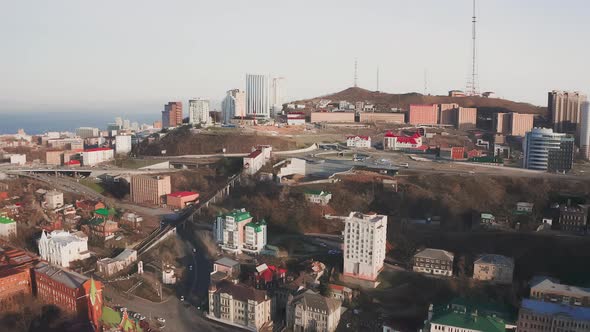 View From a Drone on the City of Vladivostok at Dawn