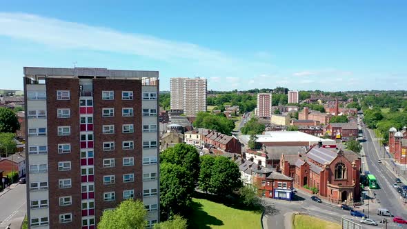 Aerial drone footage of the town centre of Armley in Leeds West Yorkshire on a bright summers day