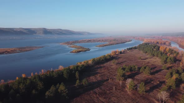 Aerial view of the islands and channels of the Volga river.