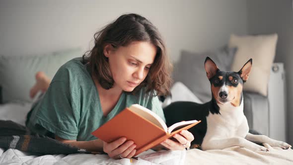 A Young Woman Is Reading a Book While Lying in Bed with Her Basenji Dog
