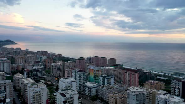 Colorful Sunset Over the City Aerial View 4 K Alanya Turkey