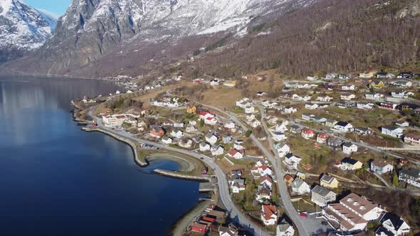 Aurland in Norway during springtime - Aerial showing beautiful countryside houses and fjord in Vinja