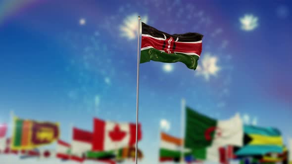 Kenya Flag With World Globe Flags And Fireworks 