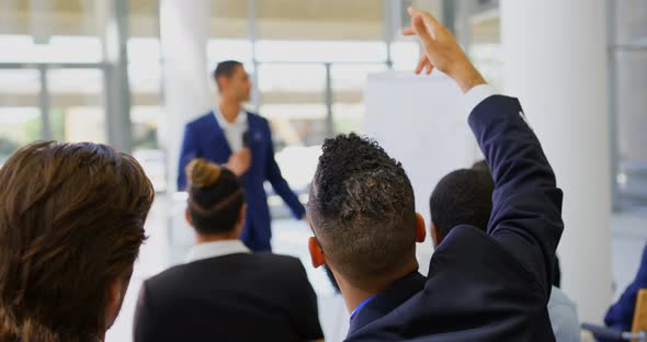 Male speaker speaking in the business seminar 4k