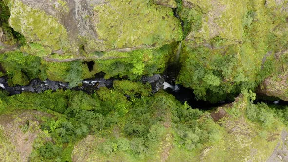 Vegetations Over Canyons With Nauthúsagil Waterfall In Southern Iceland. Aerial Topdown