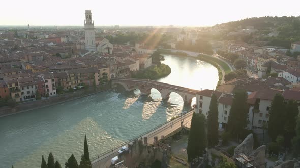 Air Flight Over Verona With Ponte Pietra