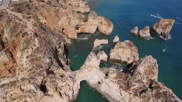 Aerial view of Ponta da Piedade rock formations in Lagos, Portugal