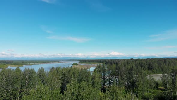 4K Drone Video of Susitna River with Denali Mountain in Distance on Alaska Summer Day