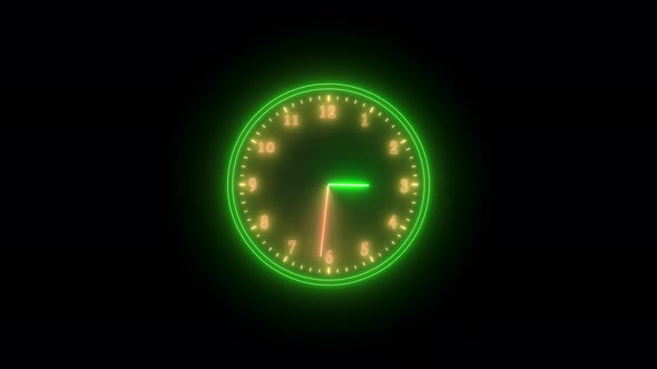 Yellow Green Neon Light Analog Clock Isolated Animated On Black Background