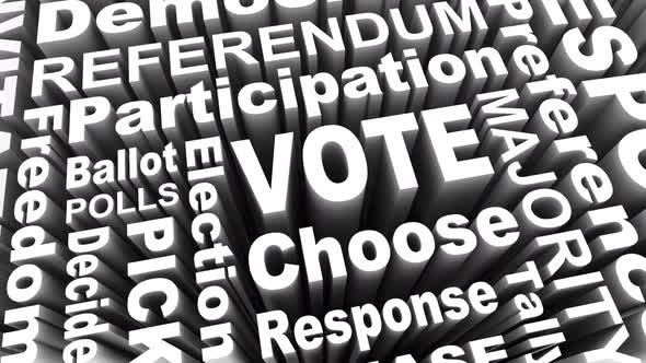 Vote Choose Elect Decide Participate Democracy Word Collage 3d Animation