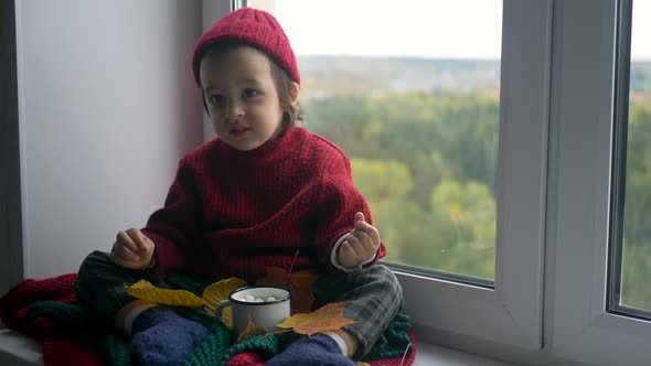 Boy Child in a Red Sweater and a Knitted Hat Sits on a Large White Window