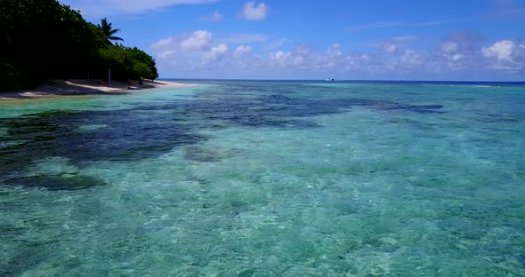 Wide angle aerial copy space shot of a sunshine white sandy paradise beach and blue ocean background