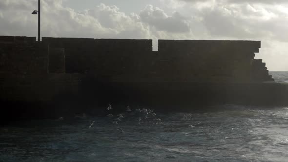 Waterscape with sea-gulls, wavy sea and ancient city wall