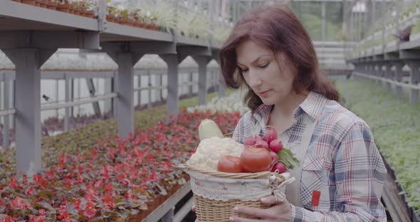 Beautiful Caucasian Woman Holding Vegetable Basket and Smiling at Camera. Portrait of Confident