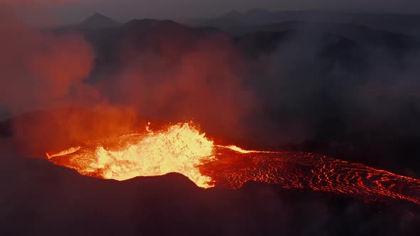 Fly Above Erupting Active Volcano