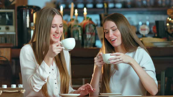 Two Young Female Friends Meeting in Cafe