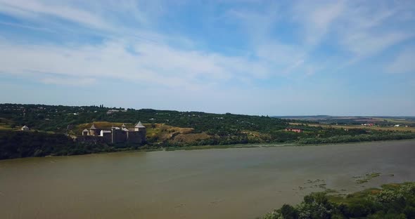 Aerial view of old Khotyn medieval castle above the River. Ukraine