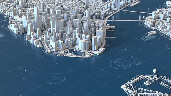 New York City in a stylized graphic style with HUD elements