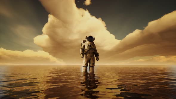 Spaceman in the Sea Under Clouds at Sunset alt