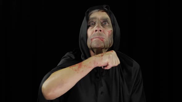 Old Executioner Halloween Makeup and Costume, Elderly Man with Blood on His Face