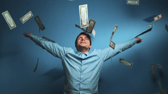 Happy Rich Businessman Under Money Rain. Success, Finance, Winner Concept. Rich Man After Bank