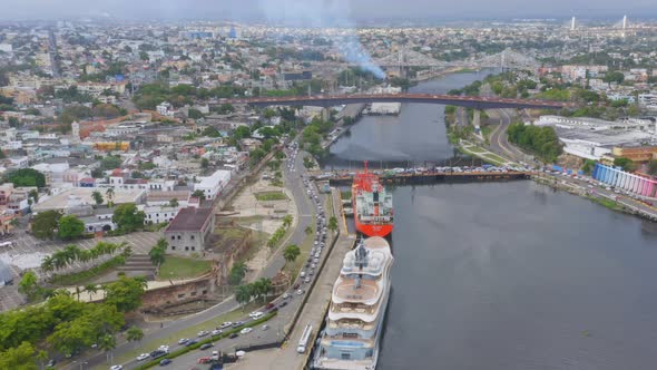 Drone shot of the port where Diego with a view of the luxury yachtFlying fox owned by Mr. Jeff Bezo