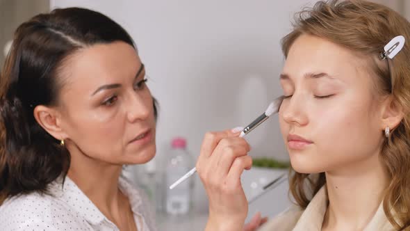 Preparing the Model's Skin for Applying Makeup. Processing the Face with a Brush with a Powder