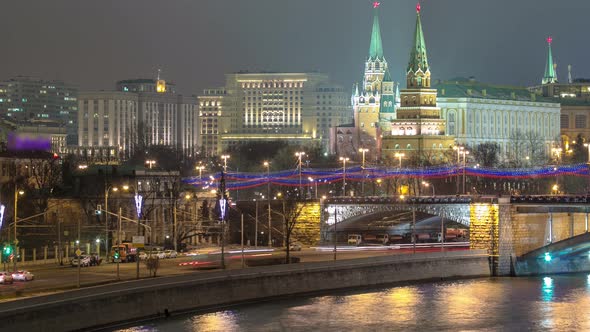 View From the Patriarchal Bridge on Moscow Kremlin Andthe Embankment of the Moscow River Timelapse