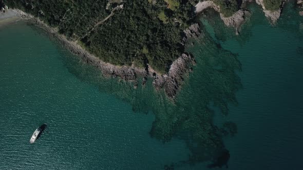 Amazing view on  azure Adriatic sea and rocky shore with plants. Aerial view of Montenegro