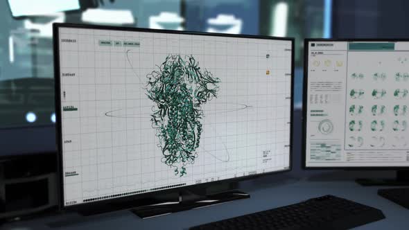 Researching SARS-COV-2 spike protein structure under powerful microscopes. UI