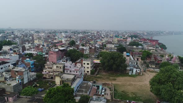 City of Varanasi or Benares in Uttar Pradesh in India seen from the sky