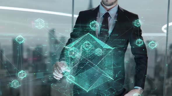 Digital Revolution Chosen By Businessman in Technology Hologram Concept alt