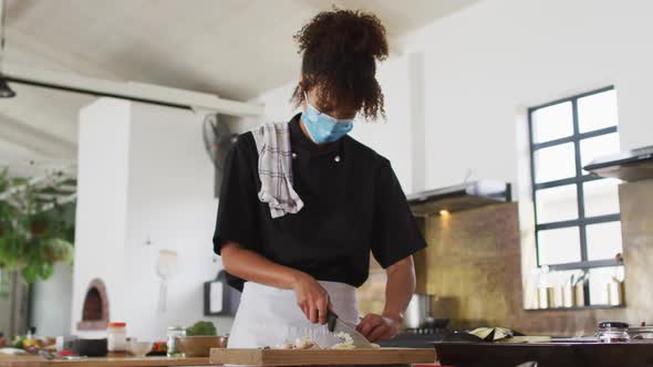 Mixed race female chef cutting vegetables