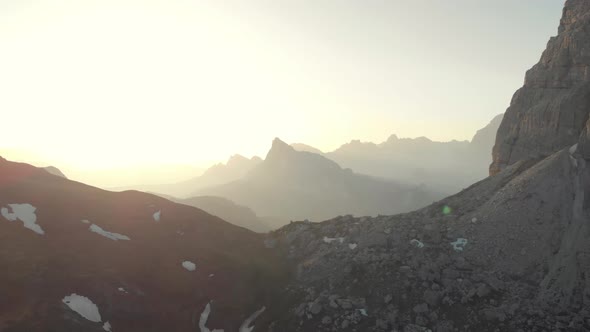 Aerial Fly near Passo Giau in Dolomites Italy at Sunset