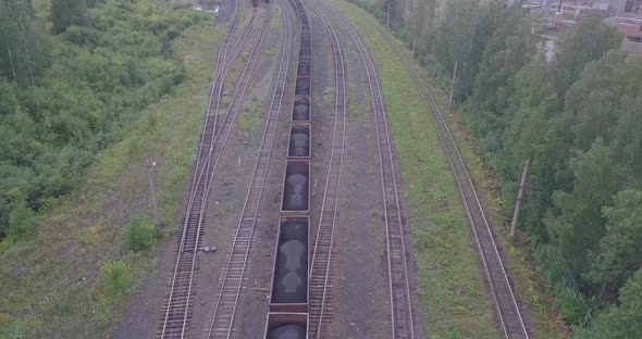 Coal Transportation by Railroad Cars, Aerial View.