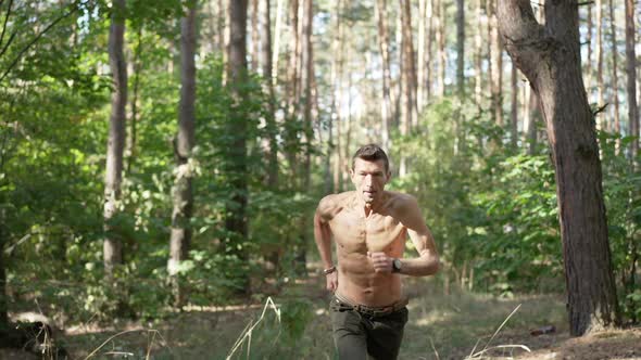 Fit Confident Sportsman Running in Sunny Forest in Slow Motion Leaving