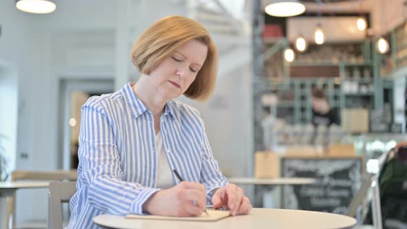 Thoughtful Creative Old Woman Doing Paperwork in Cafe 