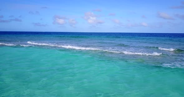 Natural birds eye copy space shot of a summer white paradise sand beach and blue water background in