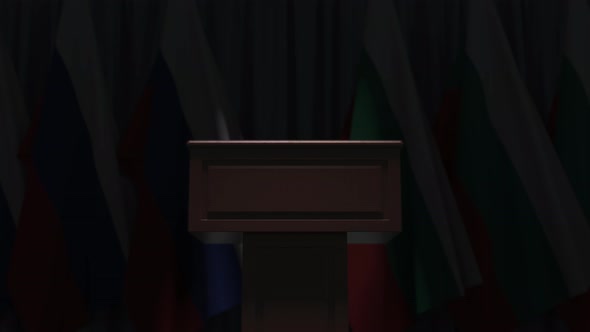 Row of Flags of Bulgaria and Russia and Speaker Tribune