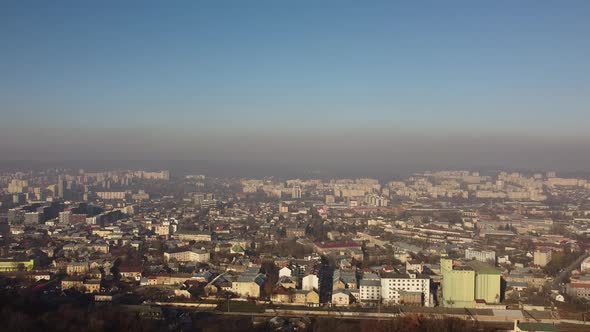 Aerial view of a drone flying over the city.