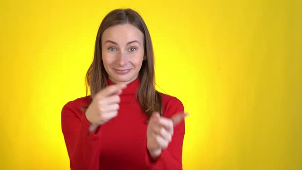 Smiling Excited Woman Posing Isolated on Yellow Background Studio