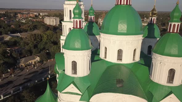 Aerail view to Cathedral Nativity Blessed Virgin in Kozelets, Chernihiv region, Ukraine