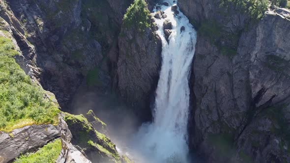Norwegian waterfall Vøringsfossen rotating droneshot
