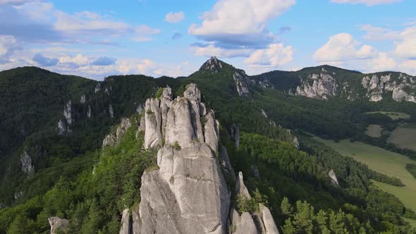 Aerial view of the Sulov rocks nature reserve in the village of Sulov in Slovakia