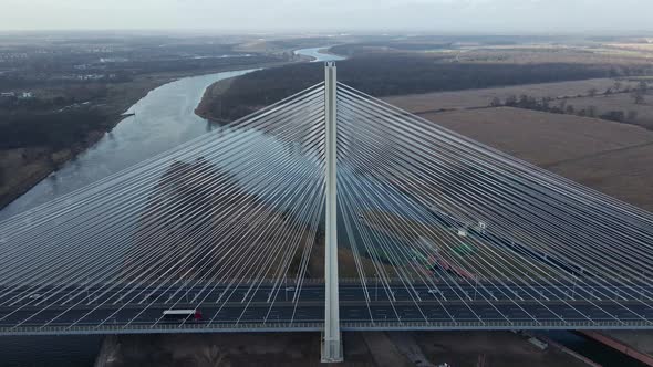 Large Bridge Over River with Cars Traffic